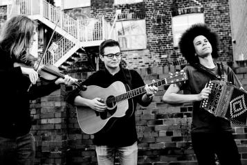 Granny's Attic Band, black and white image of 3 men playing folk instruments 